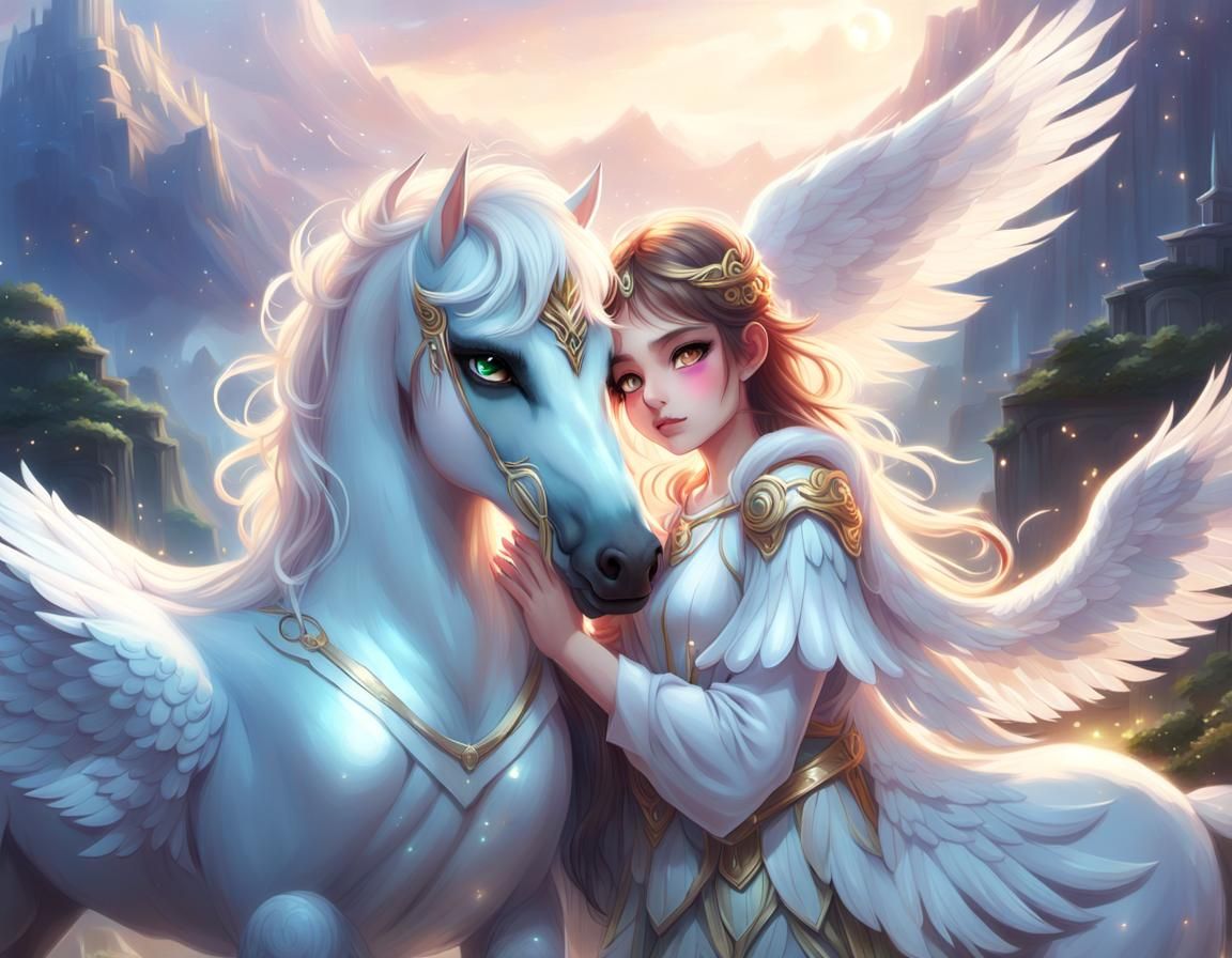 Goddess Hugging Pegasus: Digital Art