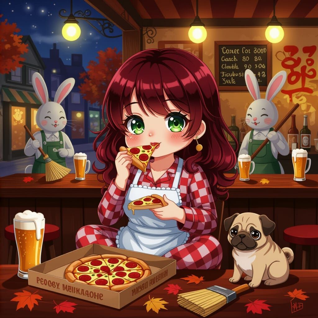 Anime Woman Eating Pizza in Tavern with Pug