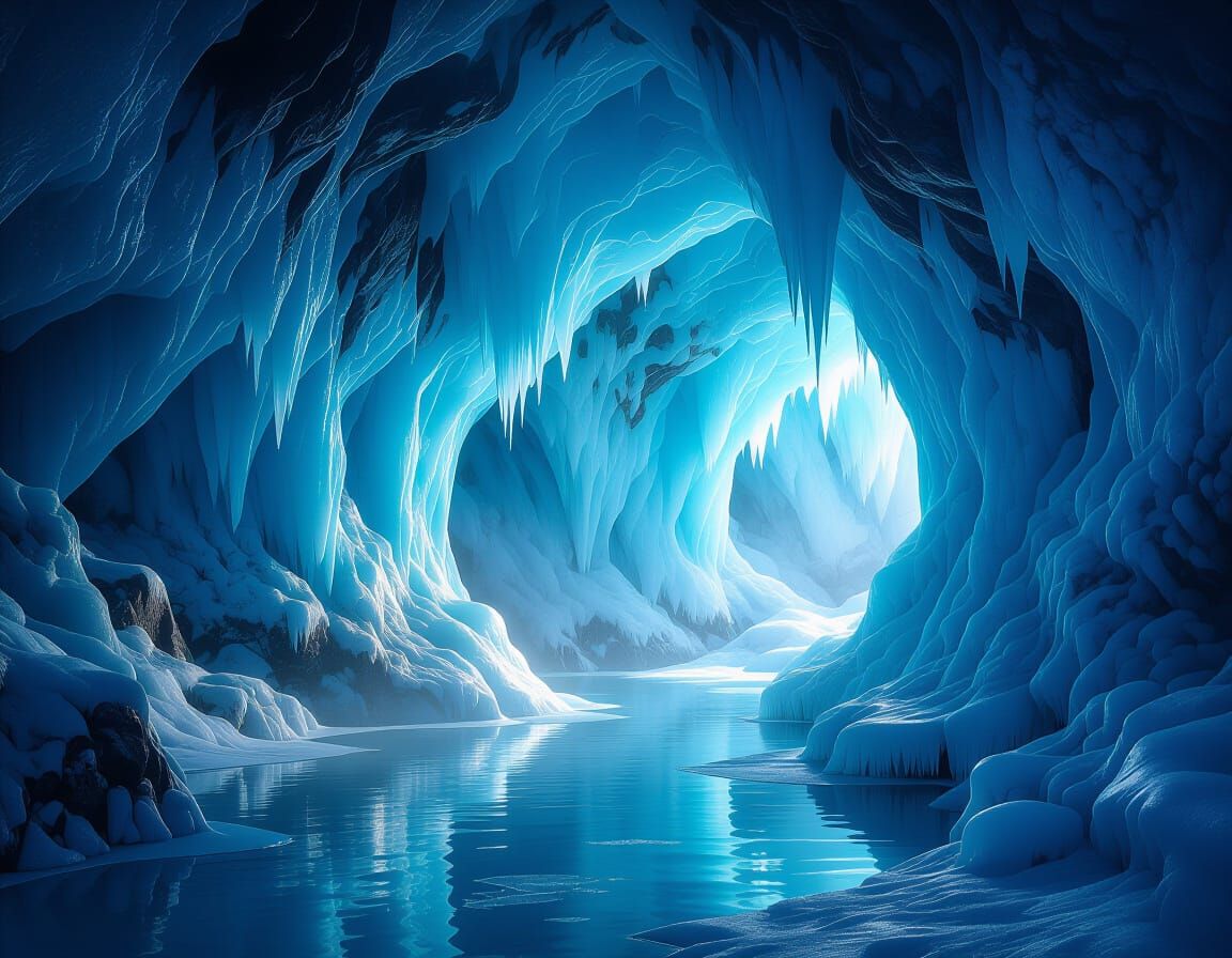 Ethereal Ice Cave in Twilight Forest Landscape