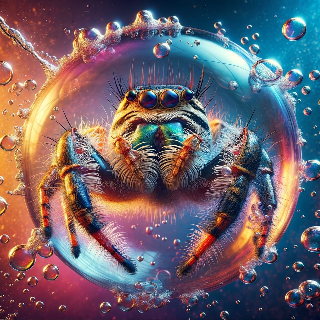 Jumping Spider's Underwater Adventure in Bubble Submarine