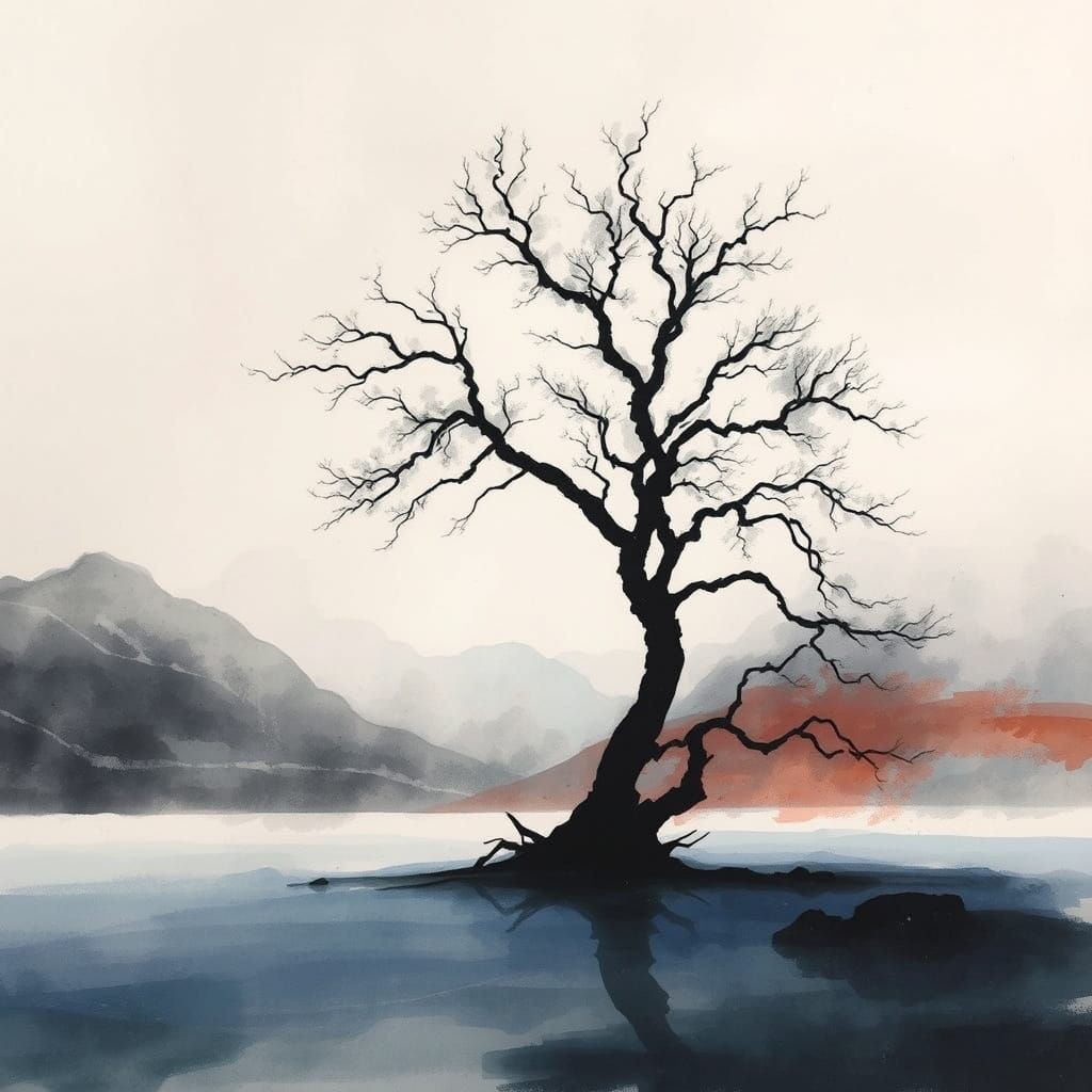Ethereal Tree Silhouette in Frosty, Misty Landscape