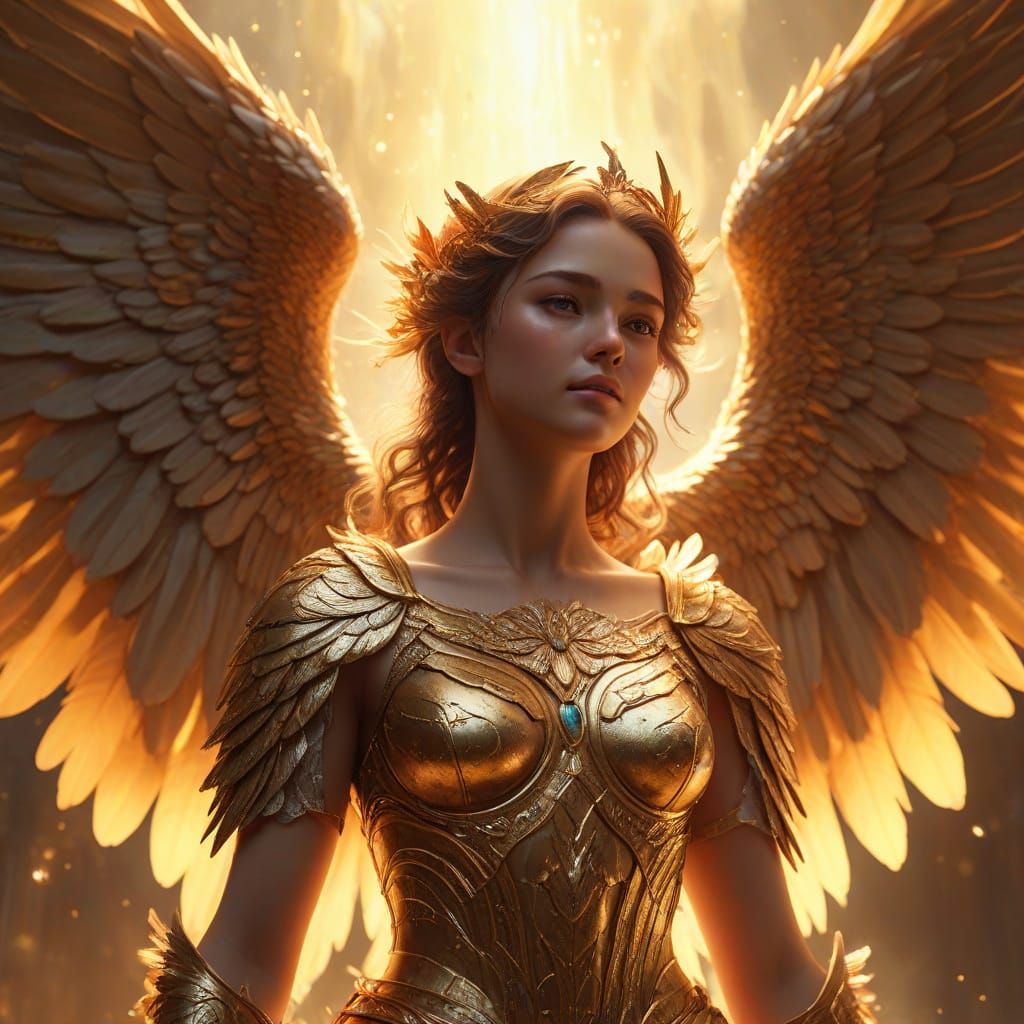 Celestial Angel in Golden Light: A Fantasy Oil Painting