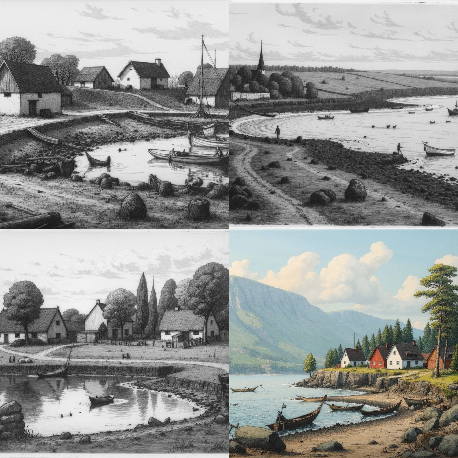 Charming Fishing Village in Classic Painting Style