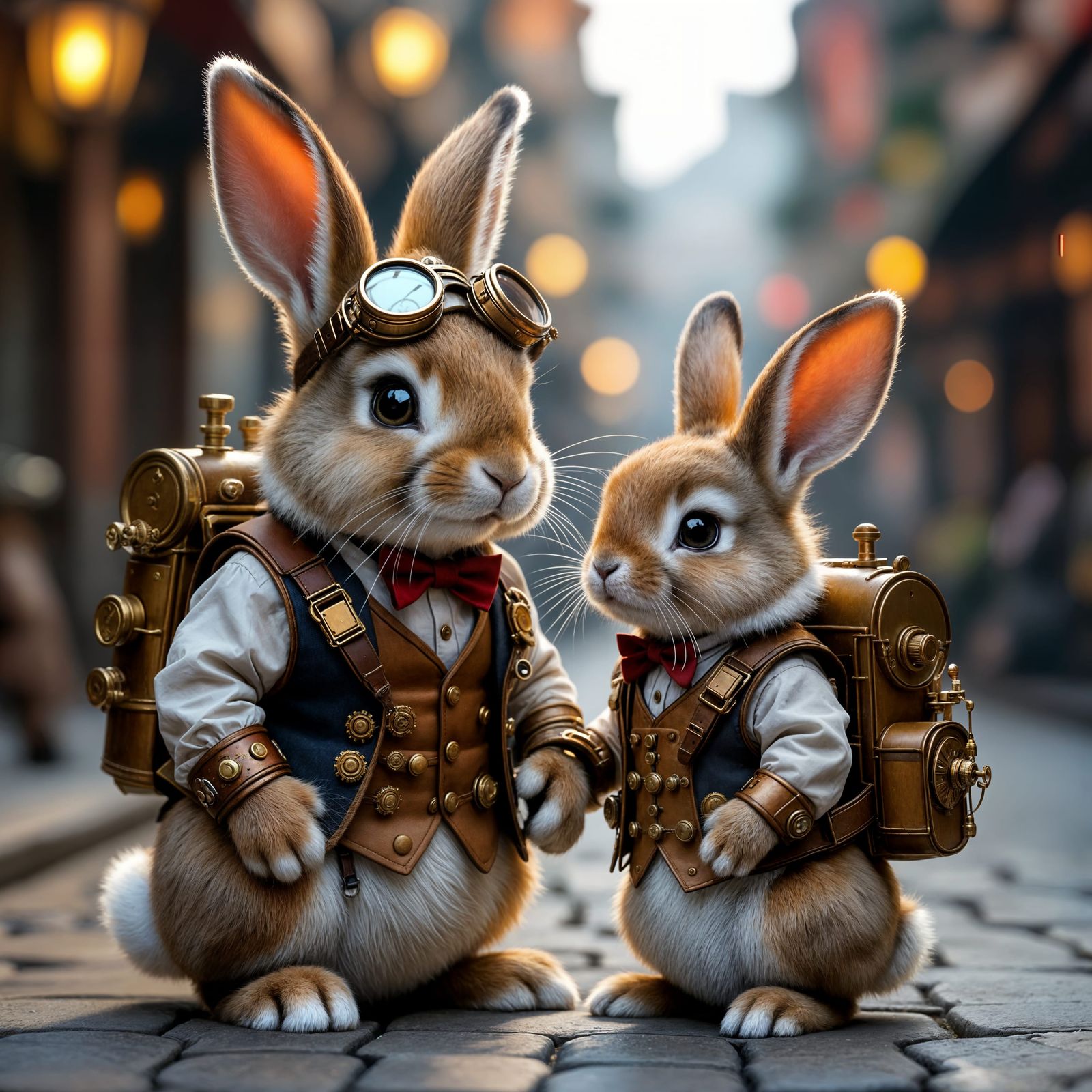 Steampunk Rabbit Father and Son in Retro-Futuristic City