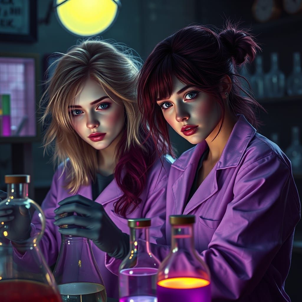Twin Scientists in Spooky Lab, Hyperrealistic Portrait