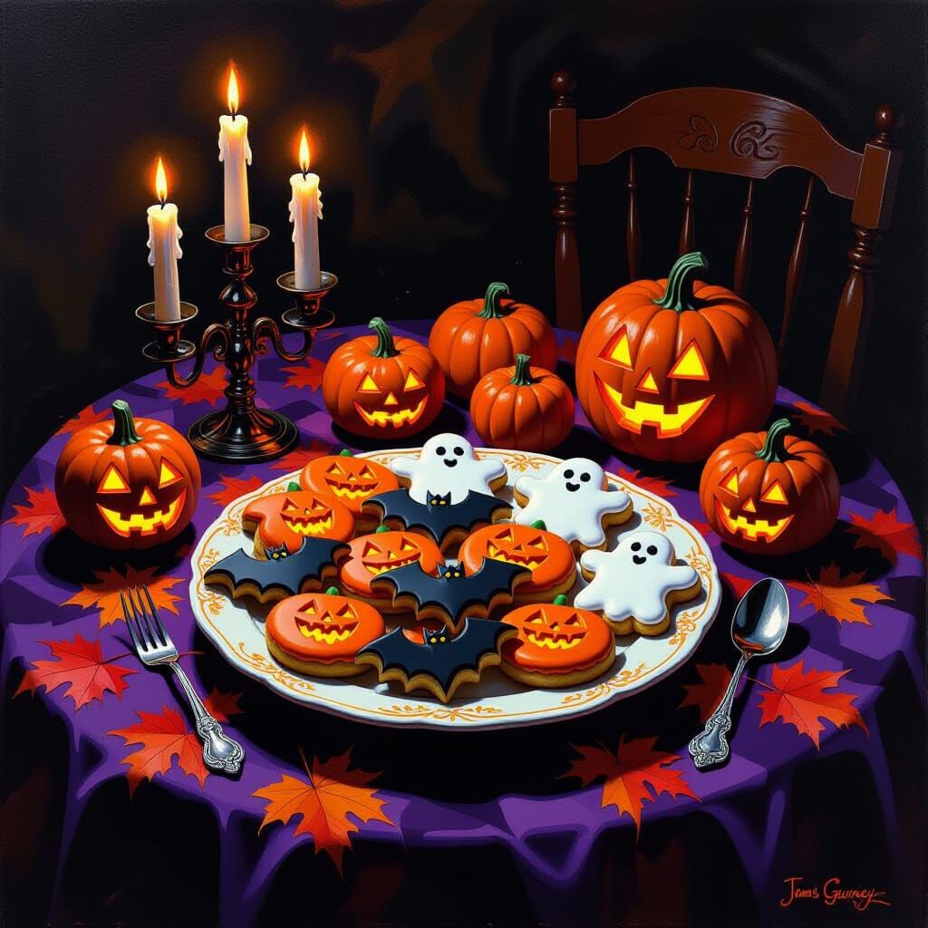 Festive Halloween Table with Spooky Cookies in Oil Painting ...