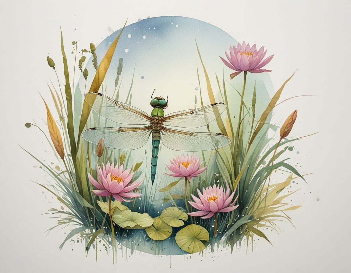 Pastel Dragonfly Over Lily Pond in Ethereal Watercolor Style