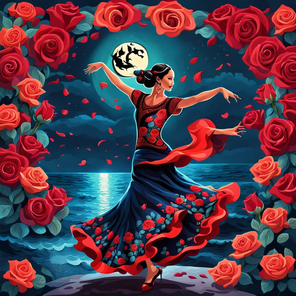 Flamenco Dancer in Moonlit Fantasy Illustration