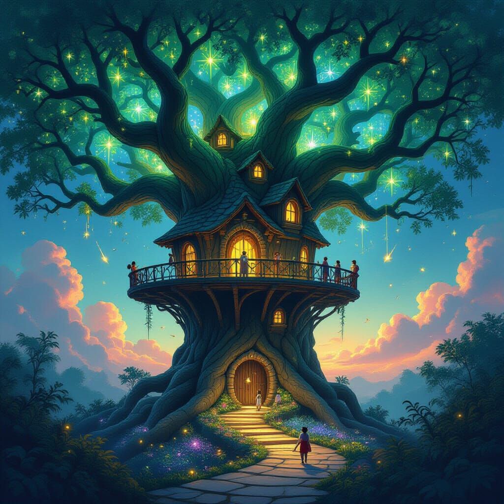 Cosmic Treehouse Amidst Bioluminescent Boughs and Celestial ...