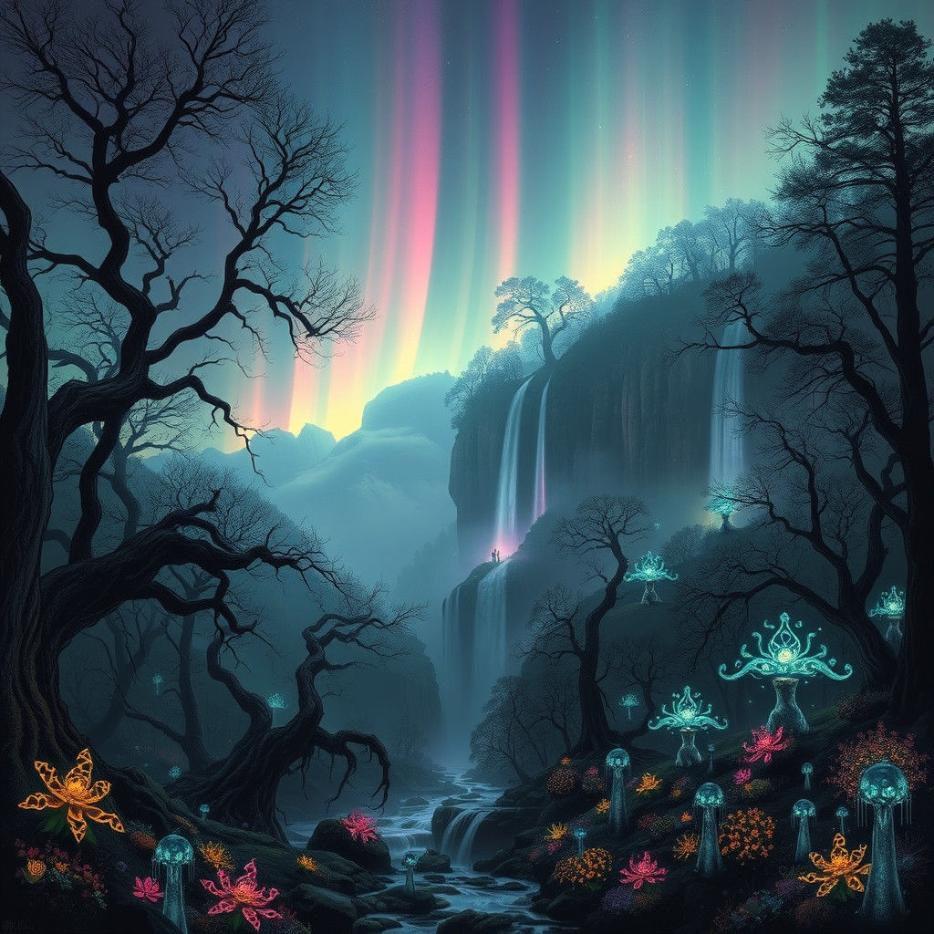 Ethereal Landscape with Luminous Waterfalls and Mist