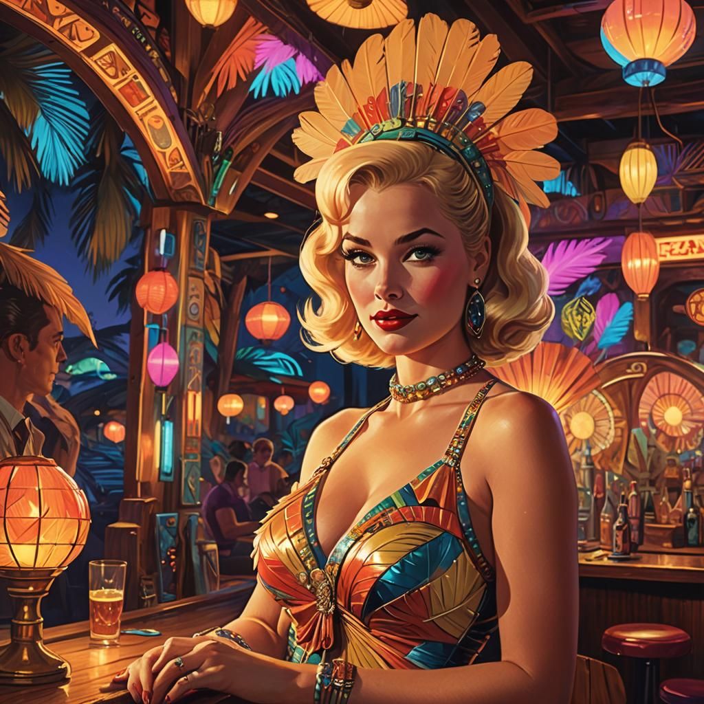 Retro-Futuristic Tiki Blonde in a Vibrant Bar