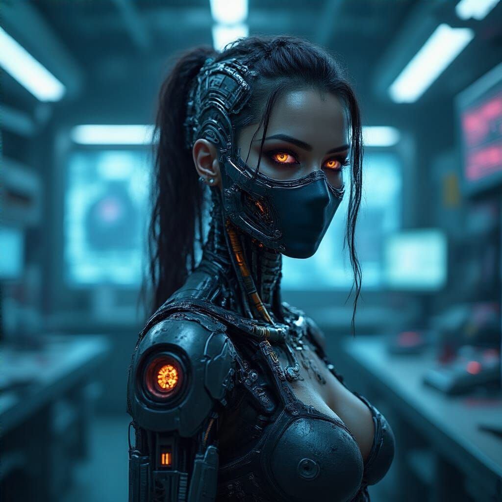 Cyborg Woman in Futuristic Lab in Cyberpunk Style