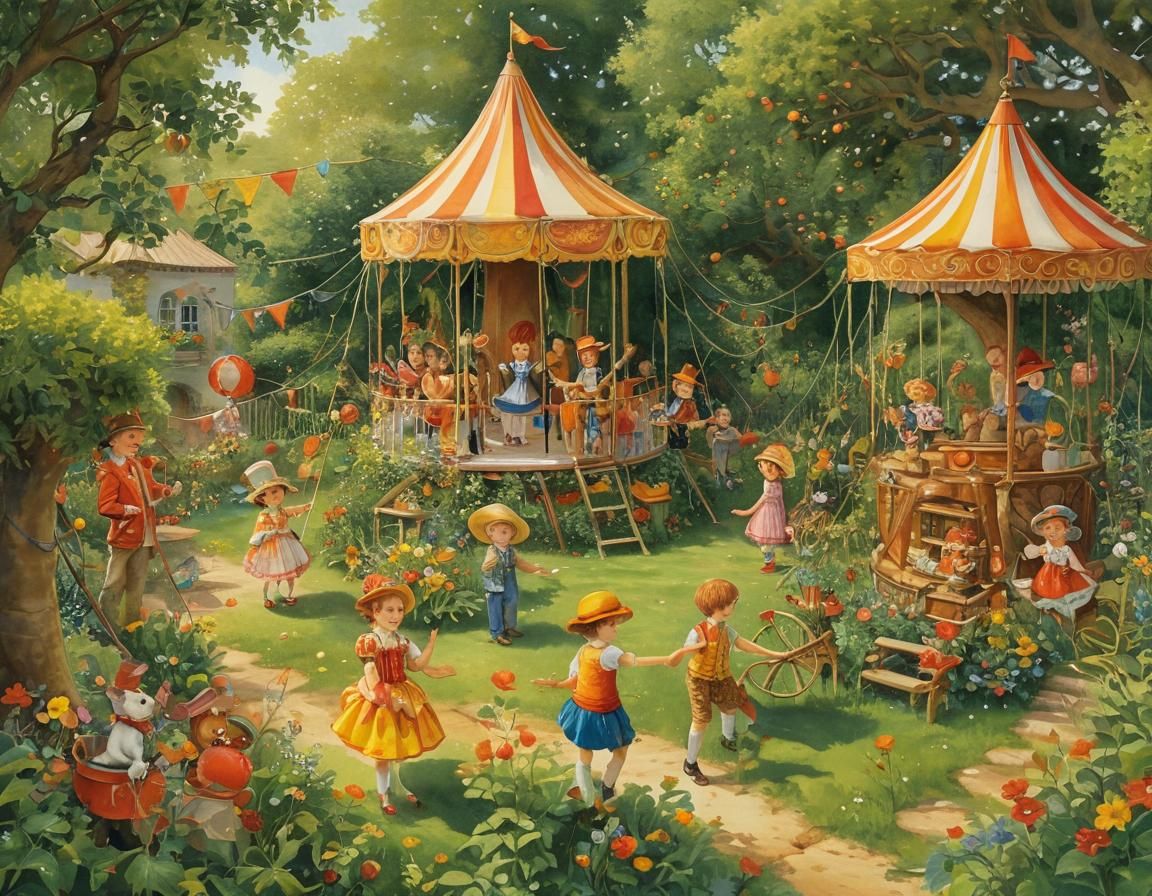 Children's Circus in Garden, Whimsical Folk Art