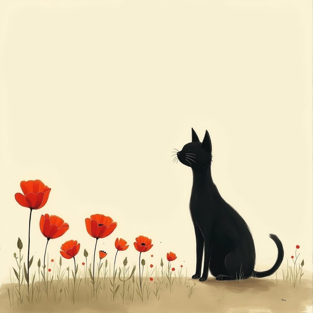 Black Cat Amongst Red Poppies in Whimsical Style