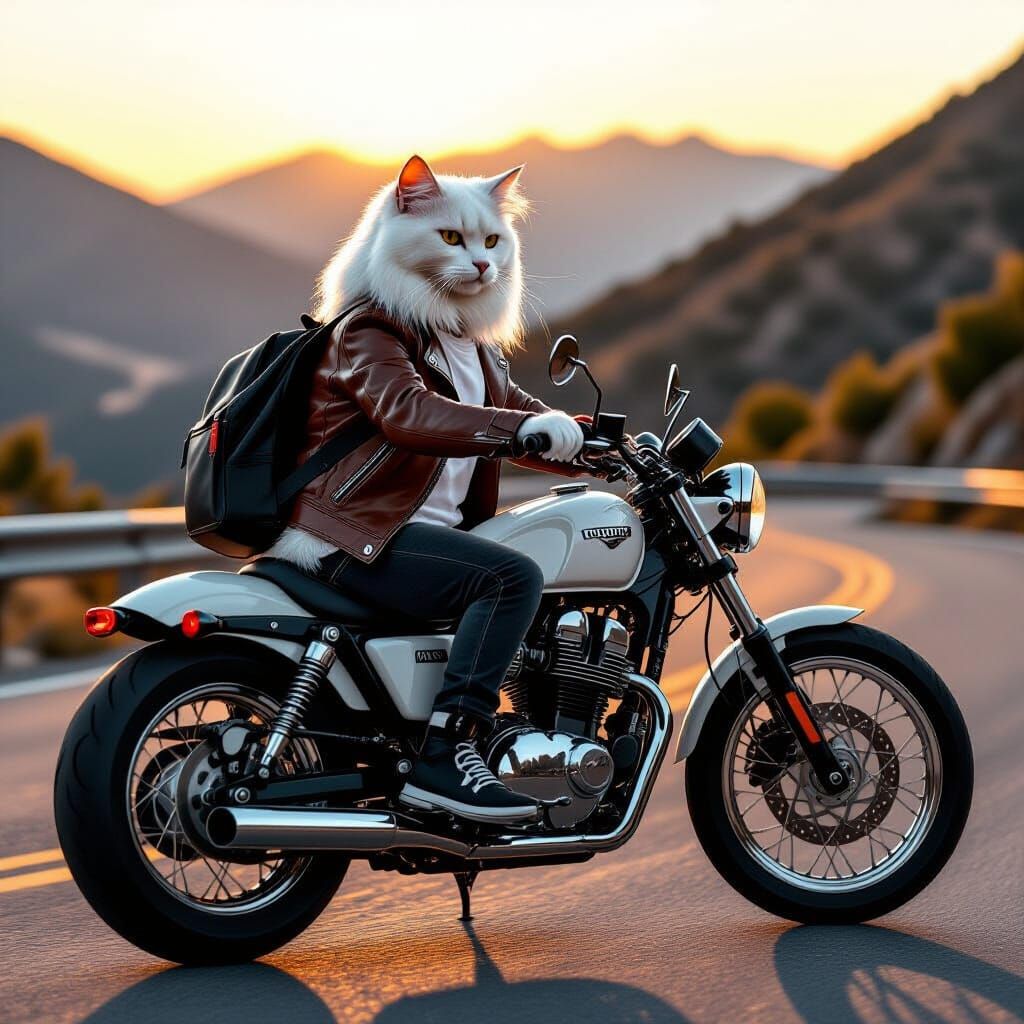 Cat Rides Futuristic Motorbike in Golden Hour Light