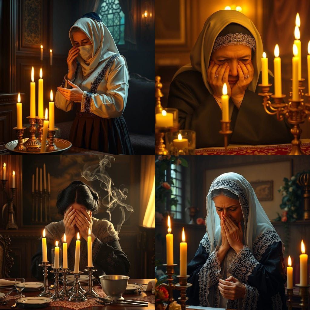 Orthodox Mother Lights Shabbat Candles with Hands Over Faces...