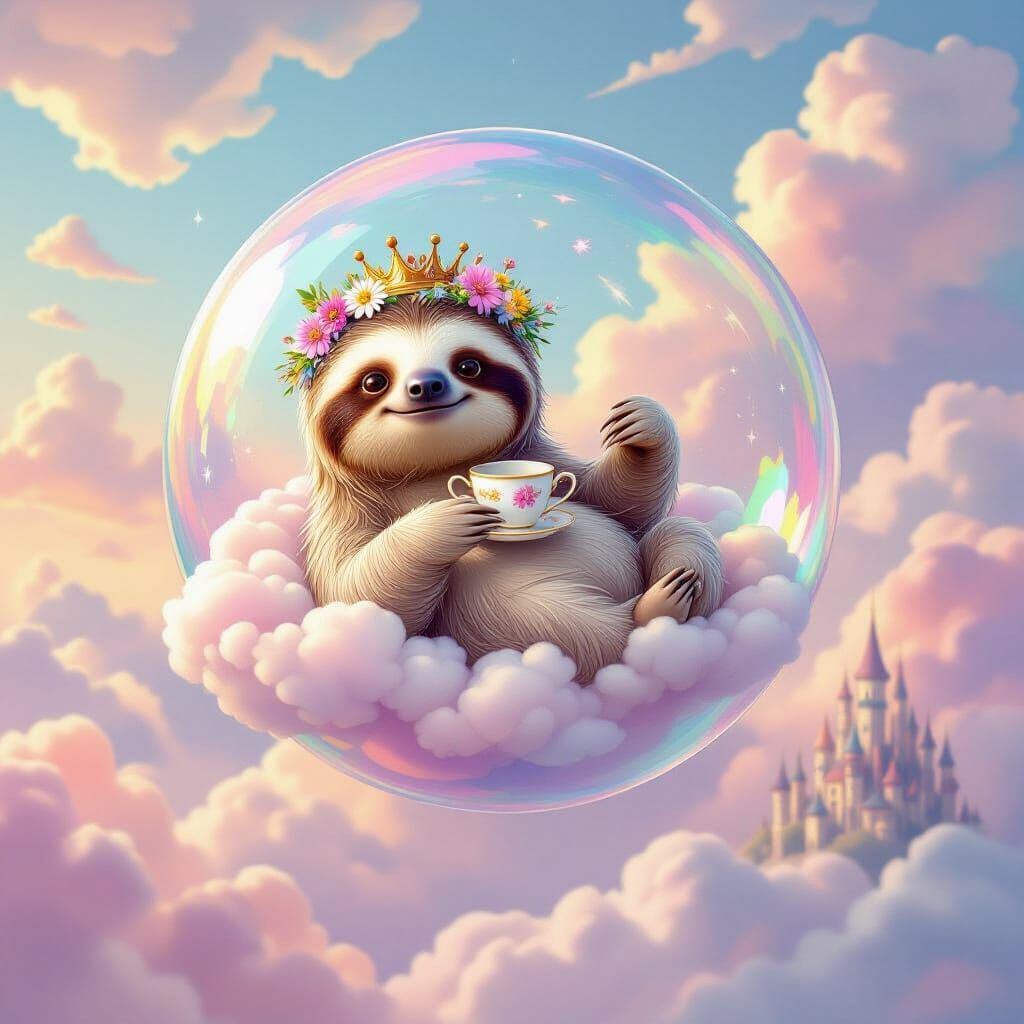 Whimsical Sloth with Flower Crown Floats on Bubble