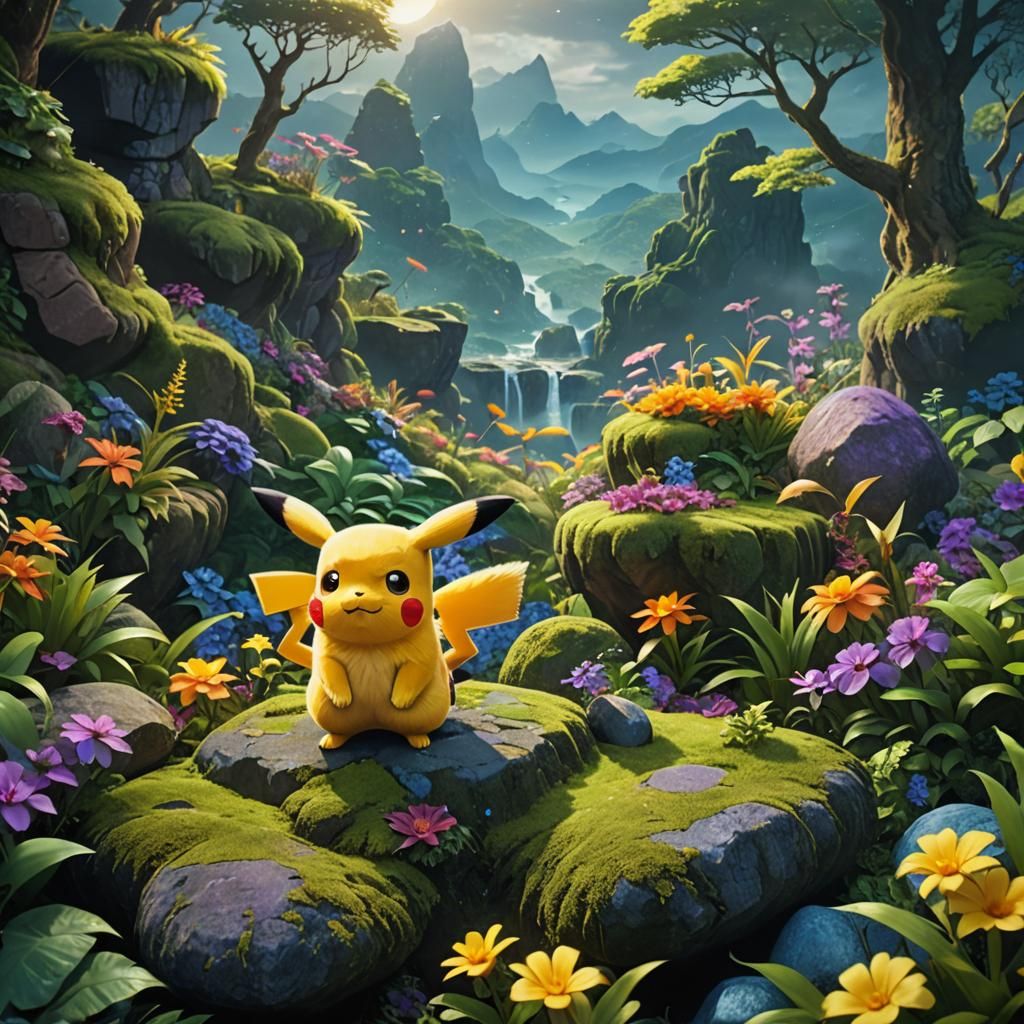 Heroic Pikachu Dominates a Lush, Tropical Landscape in a Vib...