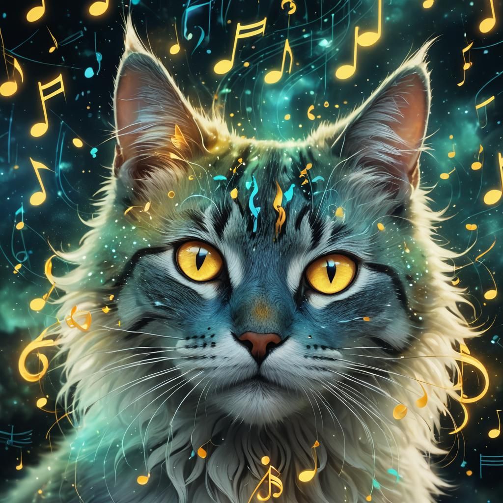 Luminescent Cat Surrounded by Music Notes