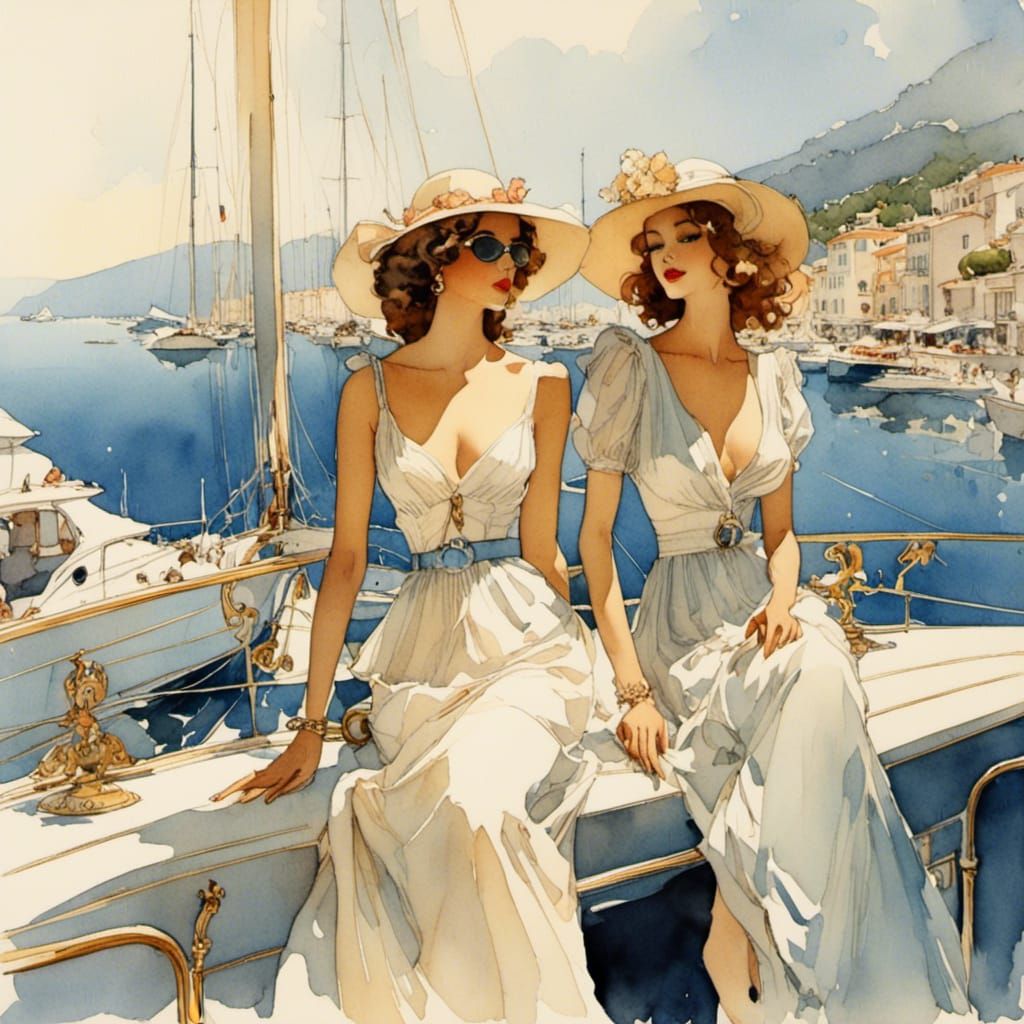 Yacht Girls on the French Riviera as Watercolor