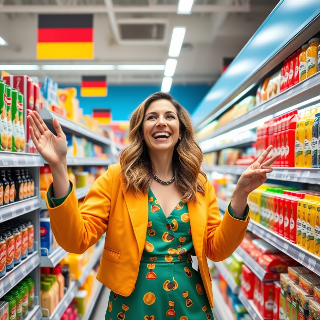Cheerful Woman Explores Supermarket Products