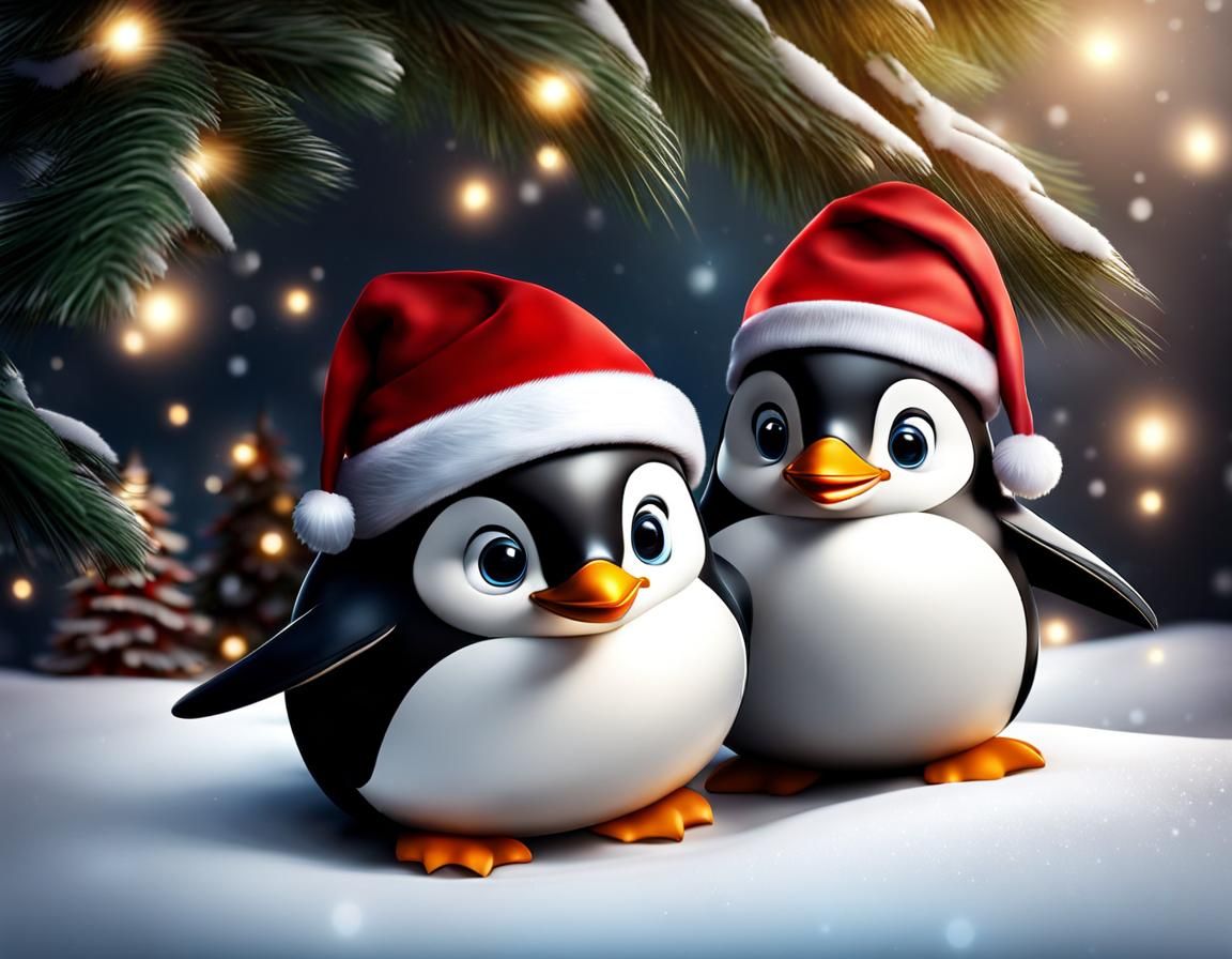 Penguins Celebrate Christmas: A Photorealistic Scene