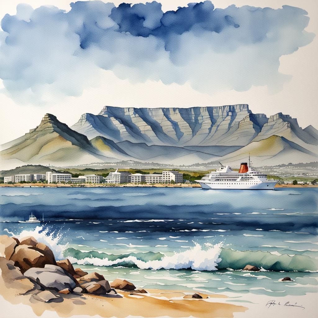Table Mountain: Watercolor Painting from False Bay
