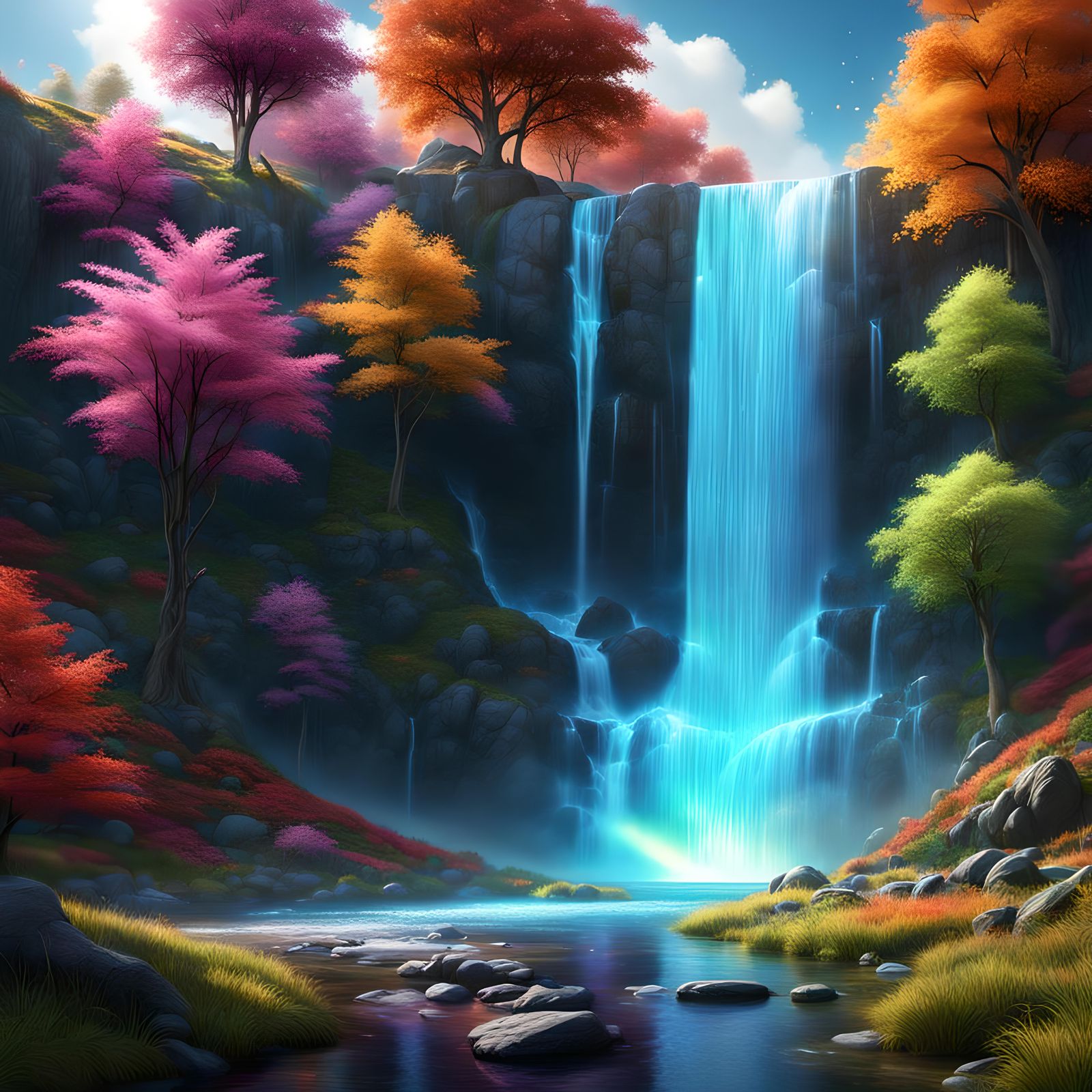 Cosmic Waterfall with Multi-Colored Trees