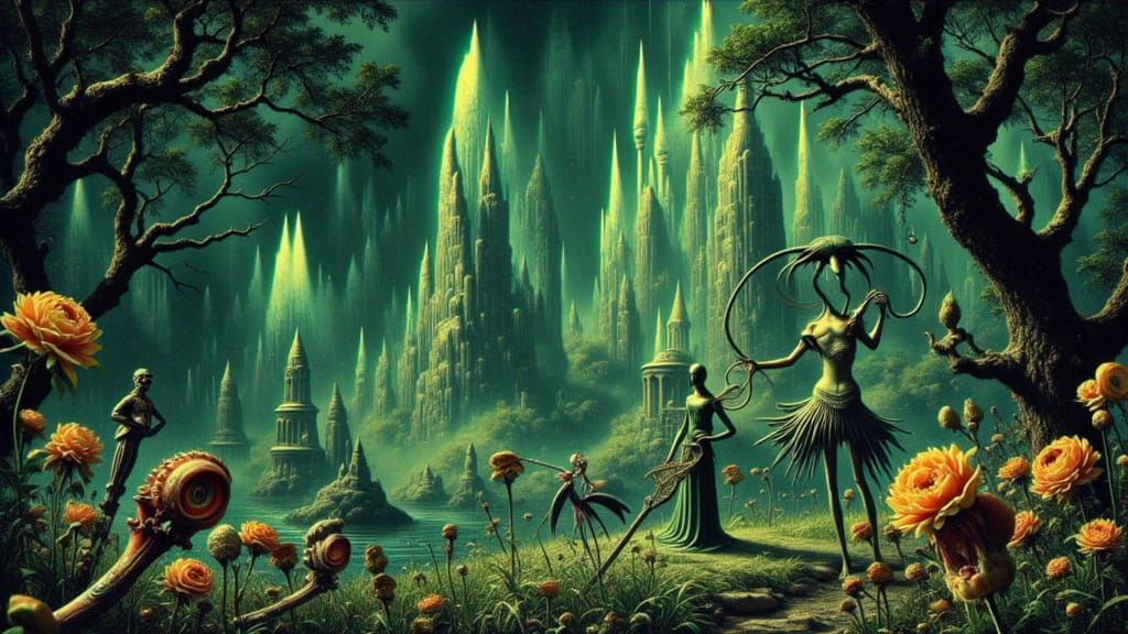 Bioluminescent Alien Jungle Ruins in Art Nouveau Style