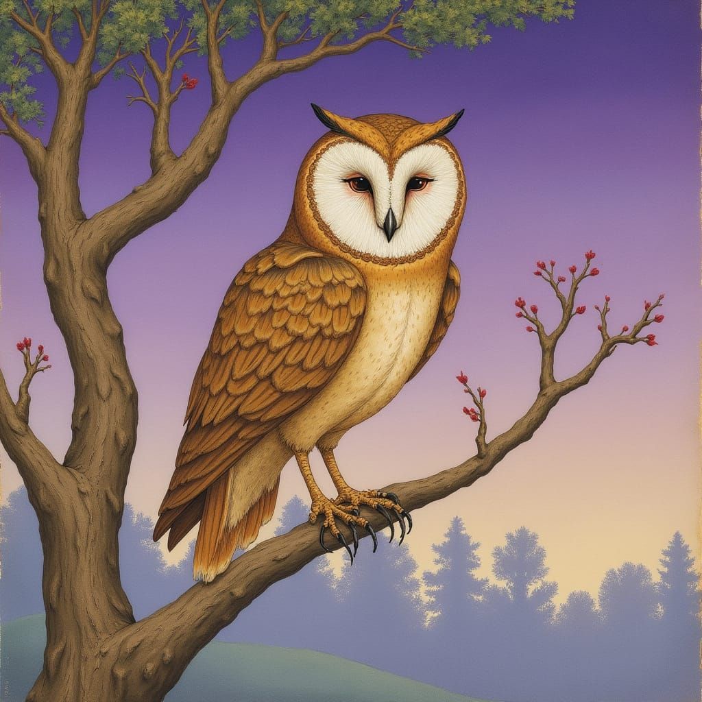 Owl on Cypress Branch: Illuminated Manuscript Style