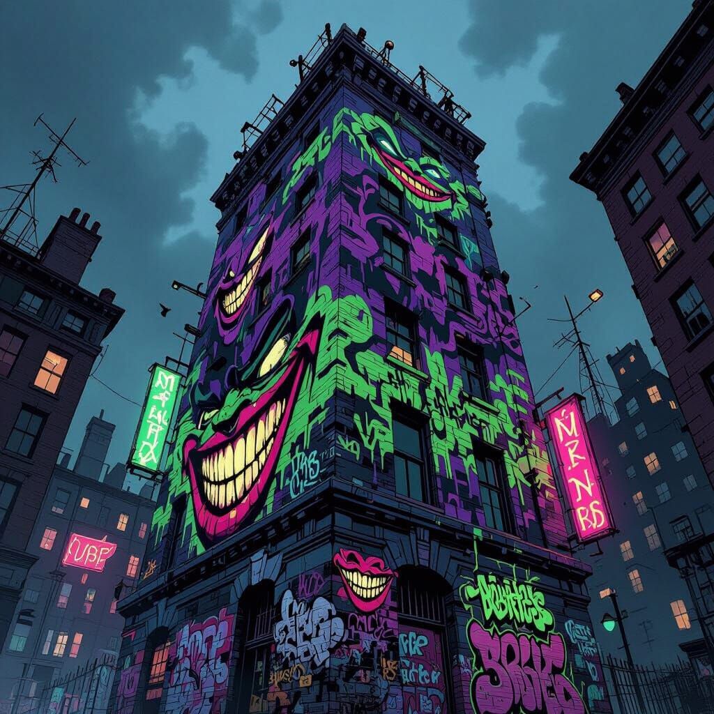 Crooked Urban Building in Joker Comic Style