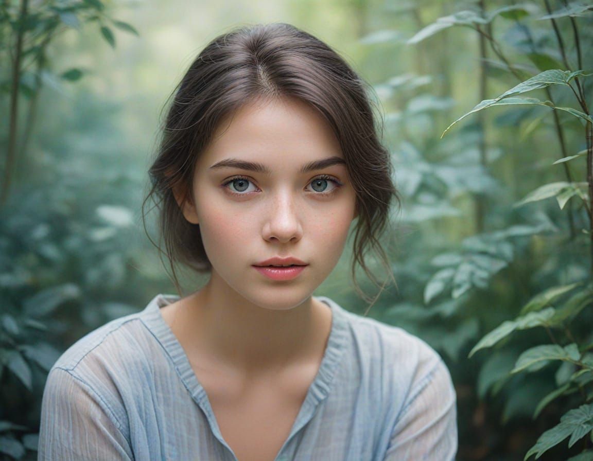 Young Woman in a Misty Forest, Impressionist Watercolor