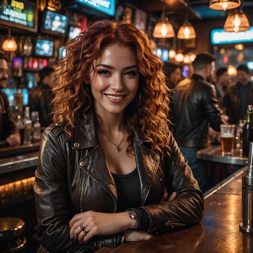 Red Haired Woman in Crowded Cyberpunk Bar