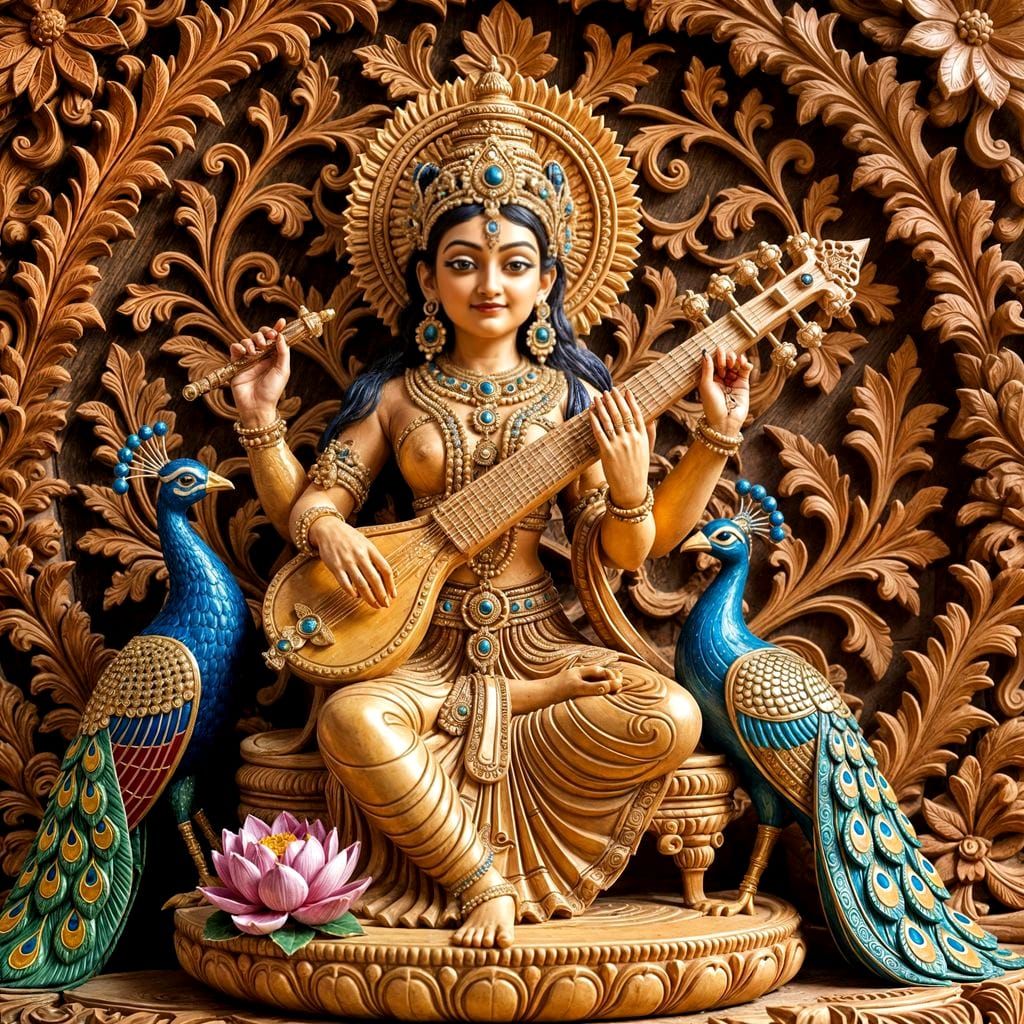 Intricate Sandalwood Carving of Saraswati Playing Veena