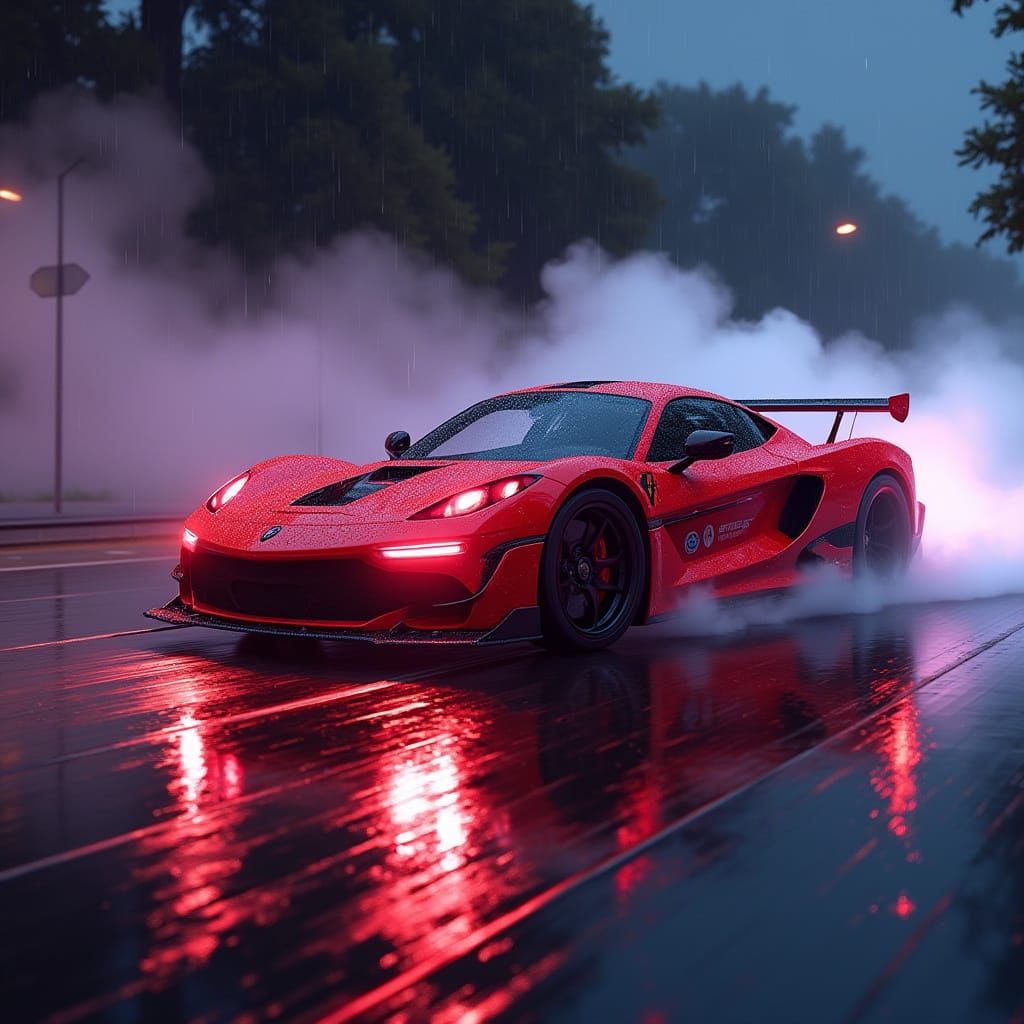 Neon Red Sports Car Drifting in Cyberpunk Style
