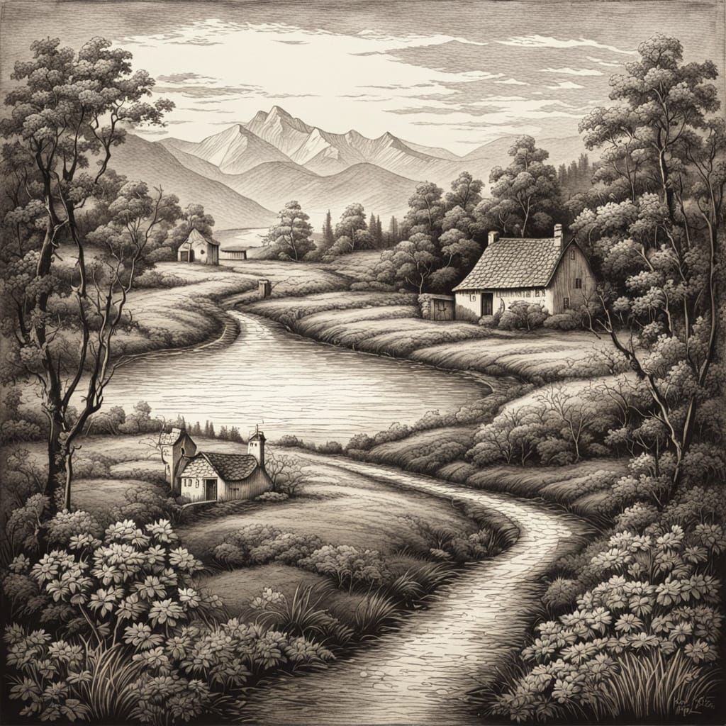 Engraved Morning Landscape on Leather Bag