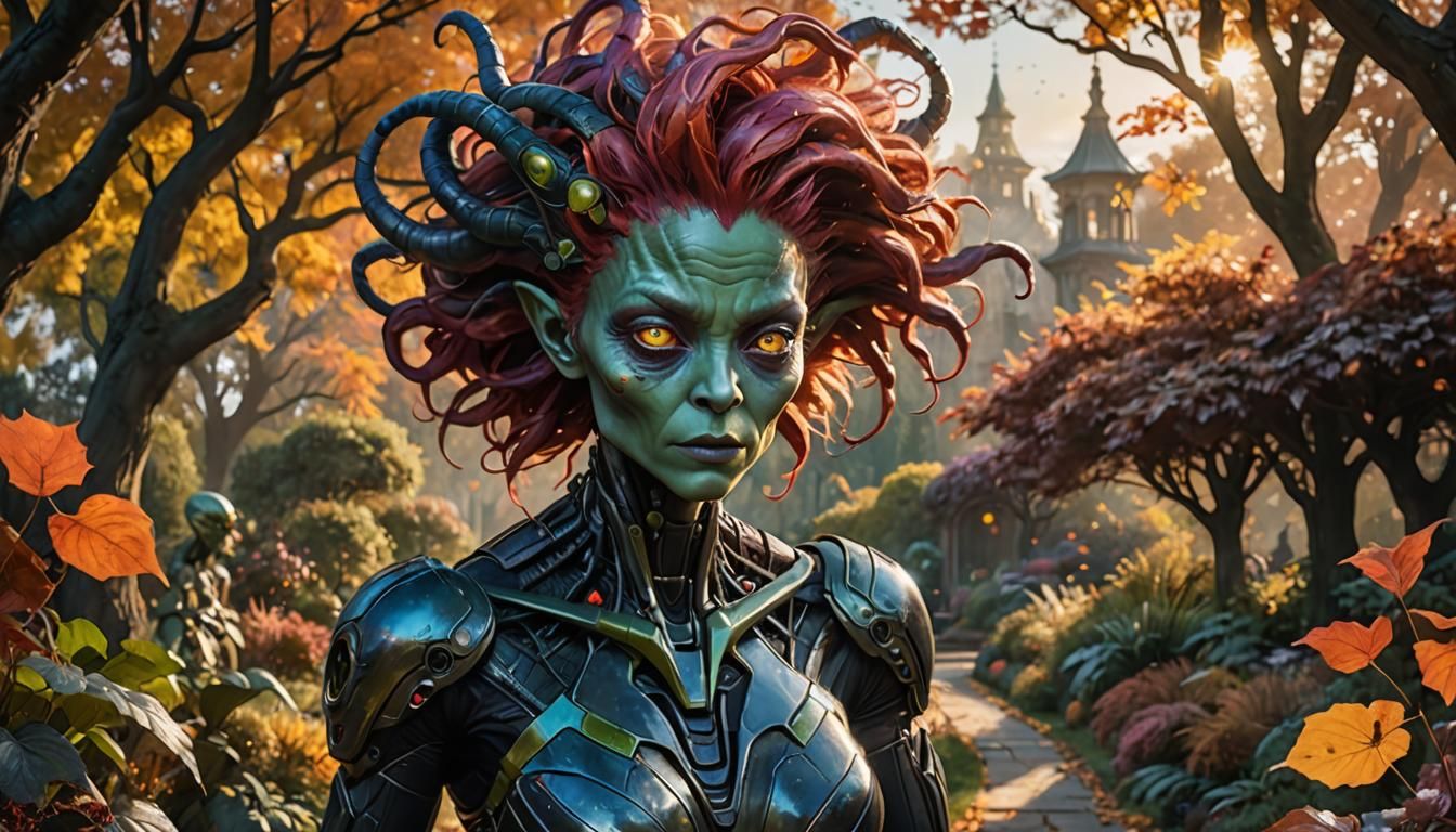 An alien woman with striking hair and vividly colored eyes