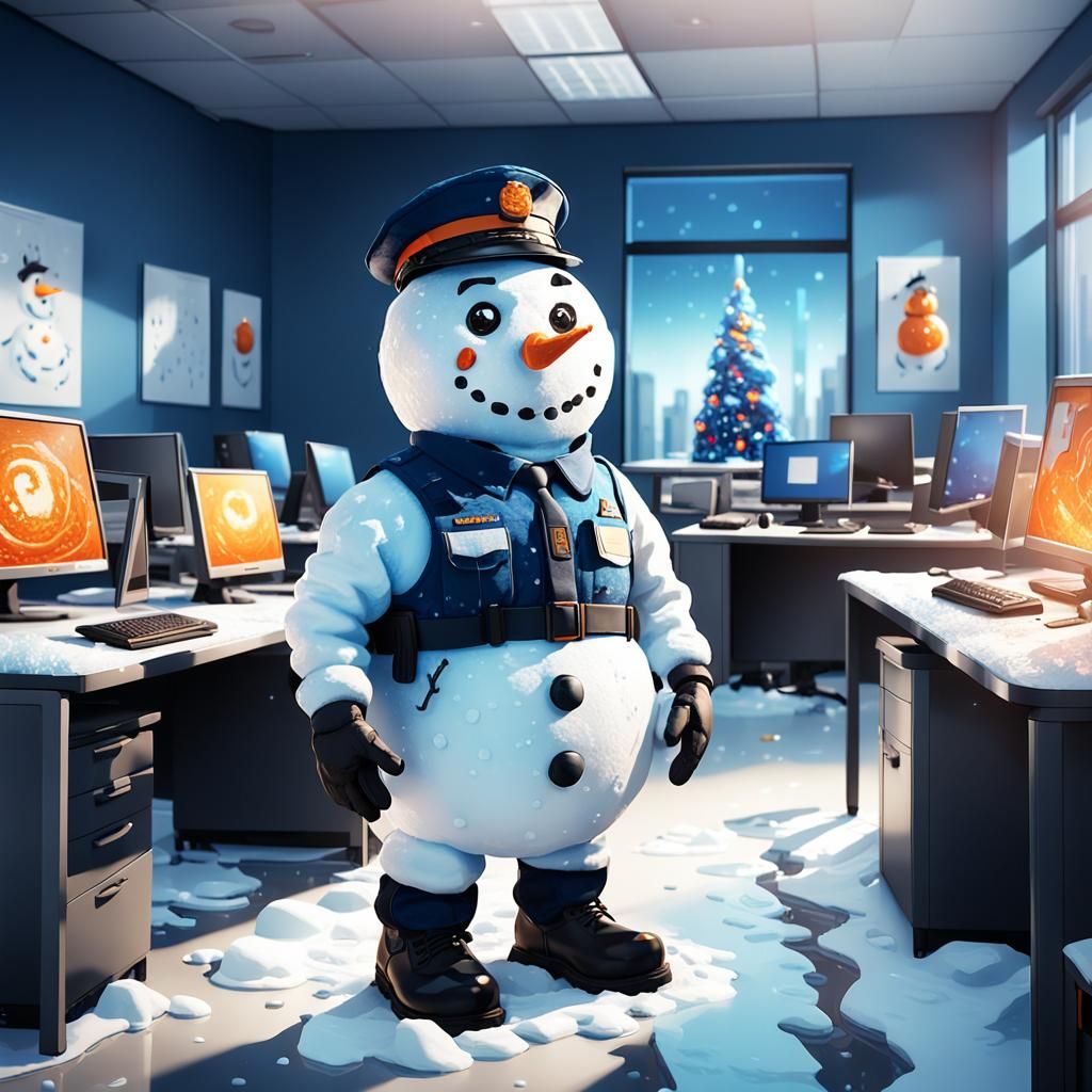 Melting Snowman Security Guard in Office Concept Art