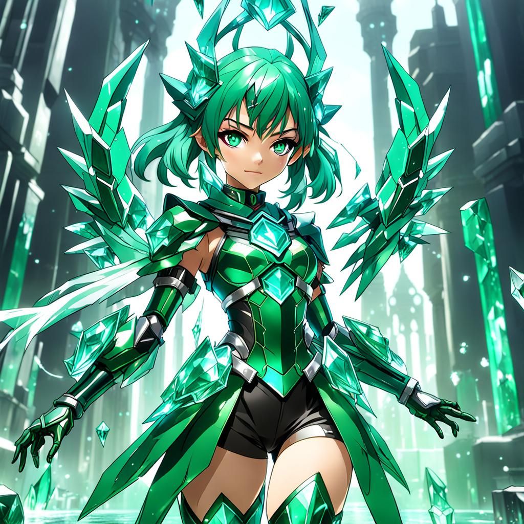 Anime Cyber Emerald Crystal Guardian Girl in Detailed Painti...