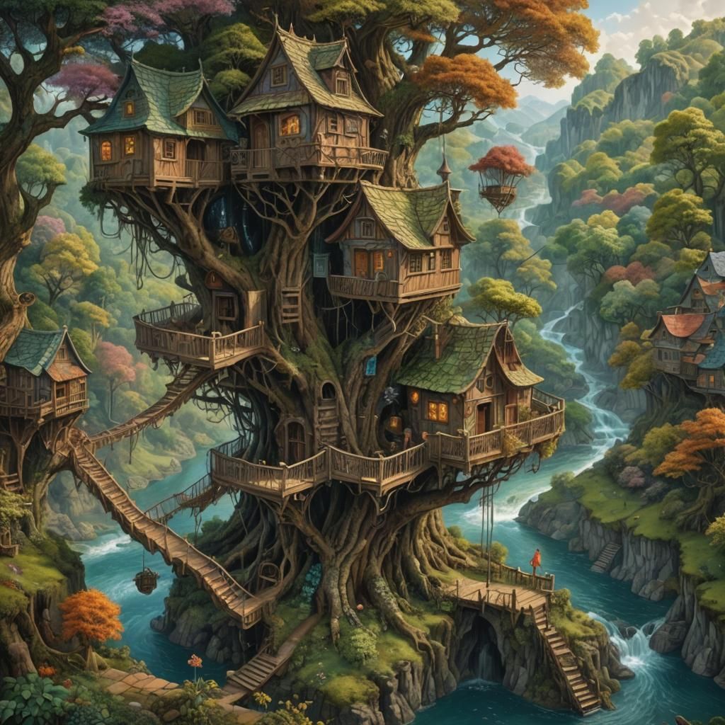 Epic Fantasy Treehouses in M.C. Escher Style