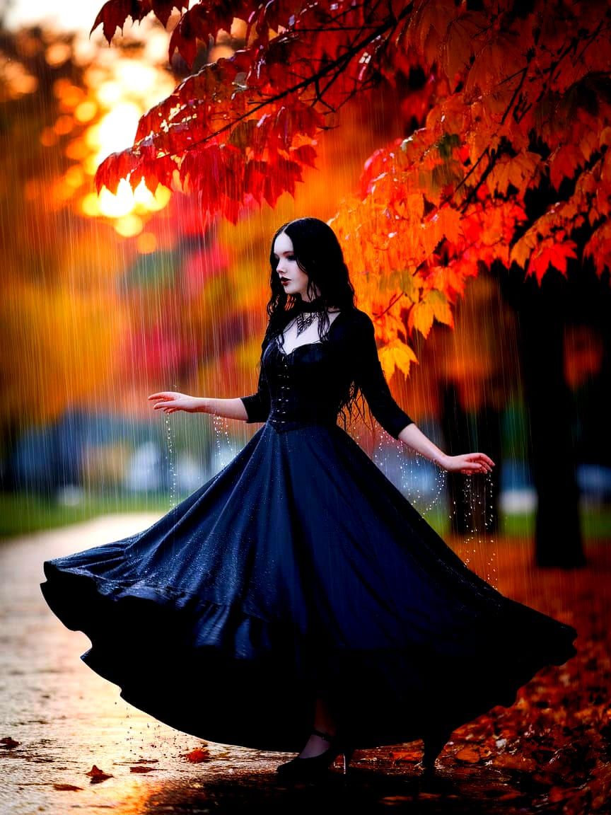 Gothic Woman Dancing in Autumn Rain