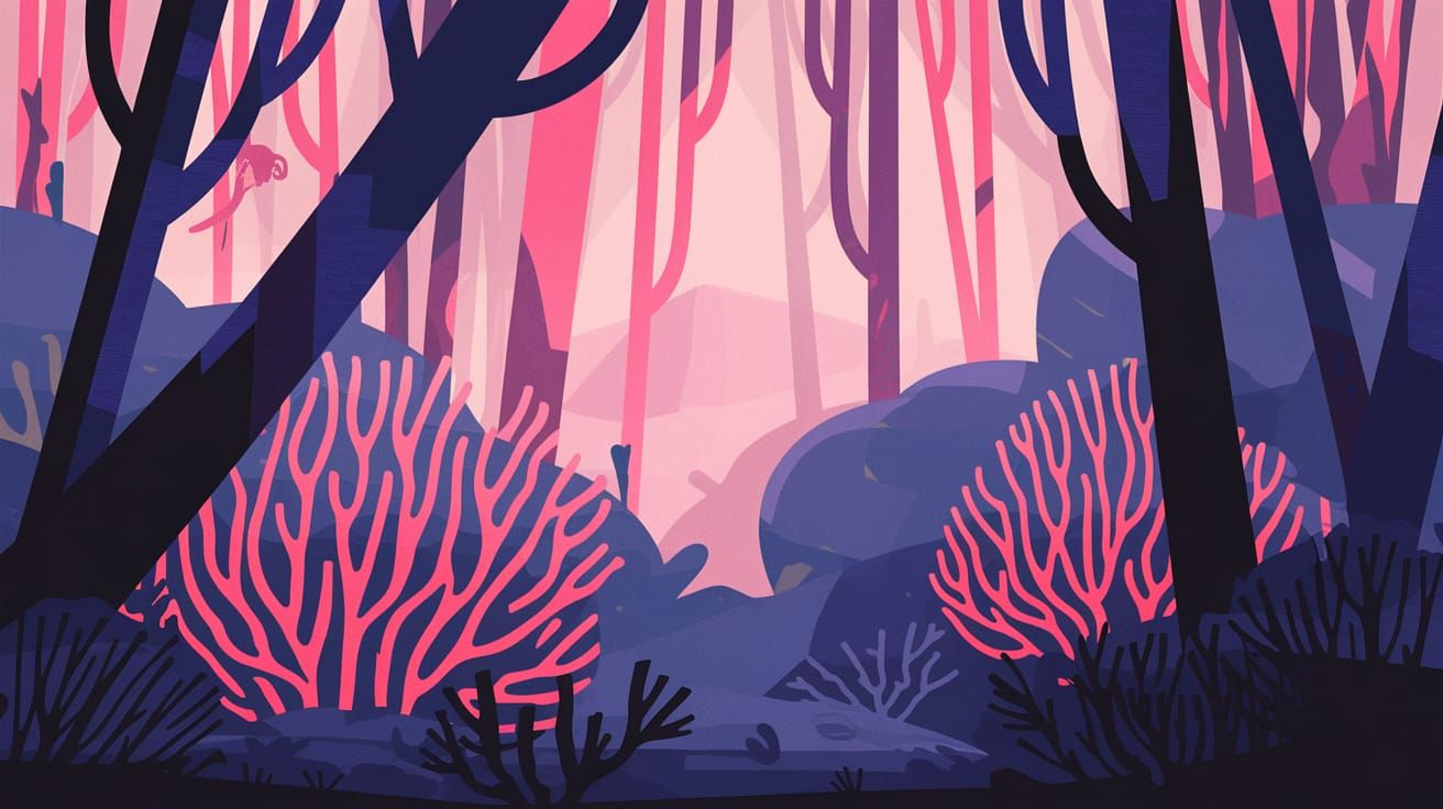 Vibrant Coral Hues in a Mystical Forest