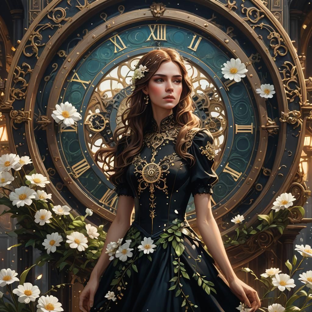 Girl in Clock: Detailed Fantasy Matte Painting