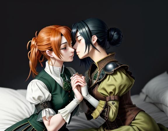 Steampunk Manga Twins Kissing in Realistic Anime Style