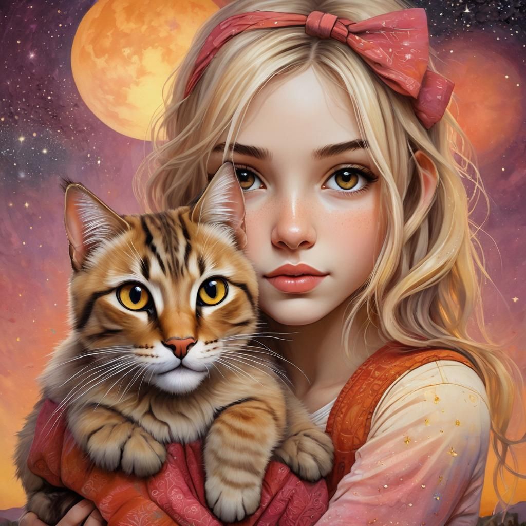 Girl Hugging Cat in Watercolor Sunset Portrait