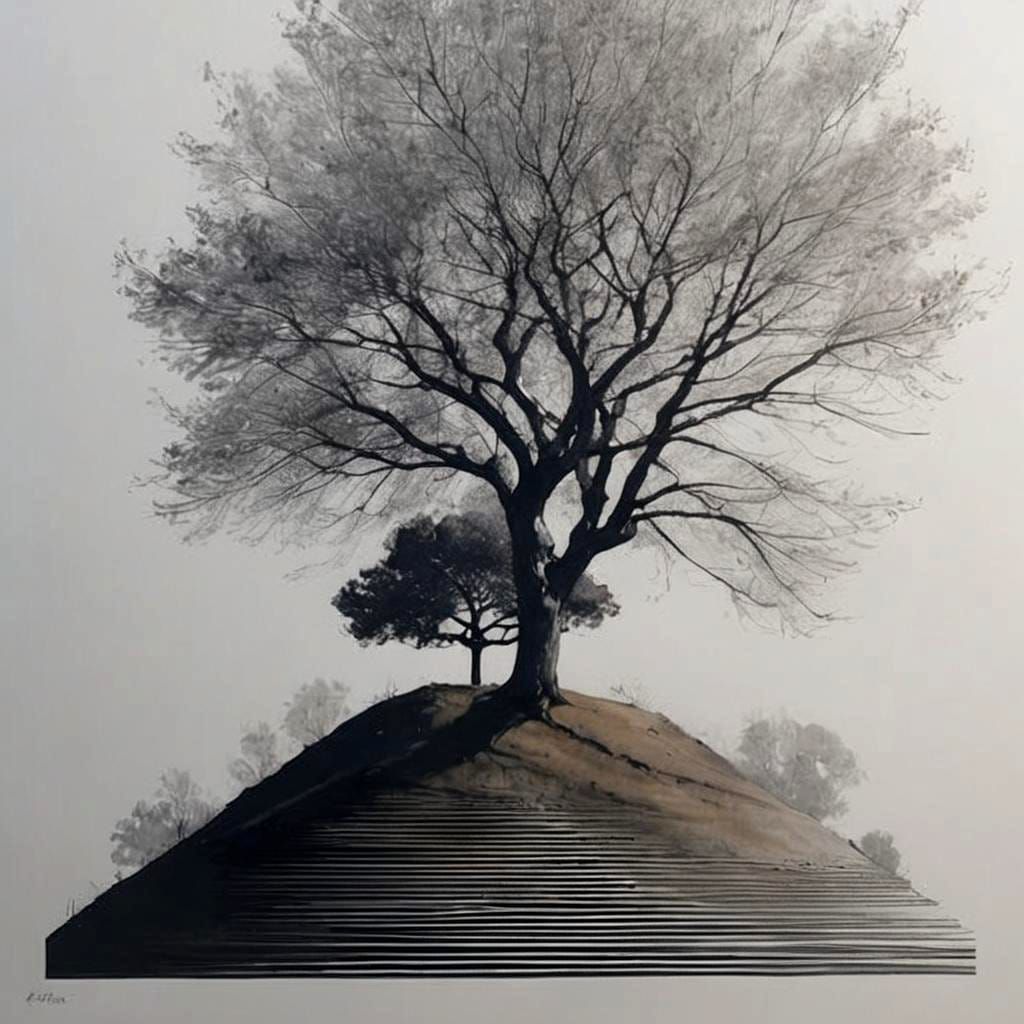 Abstract Tree on Hill in Pen and Ink