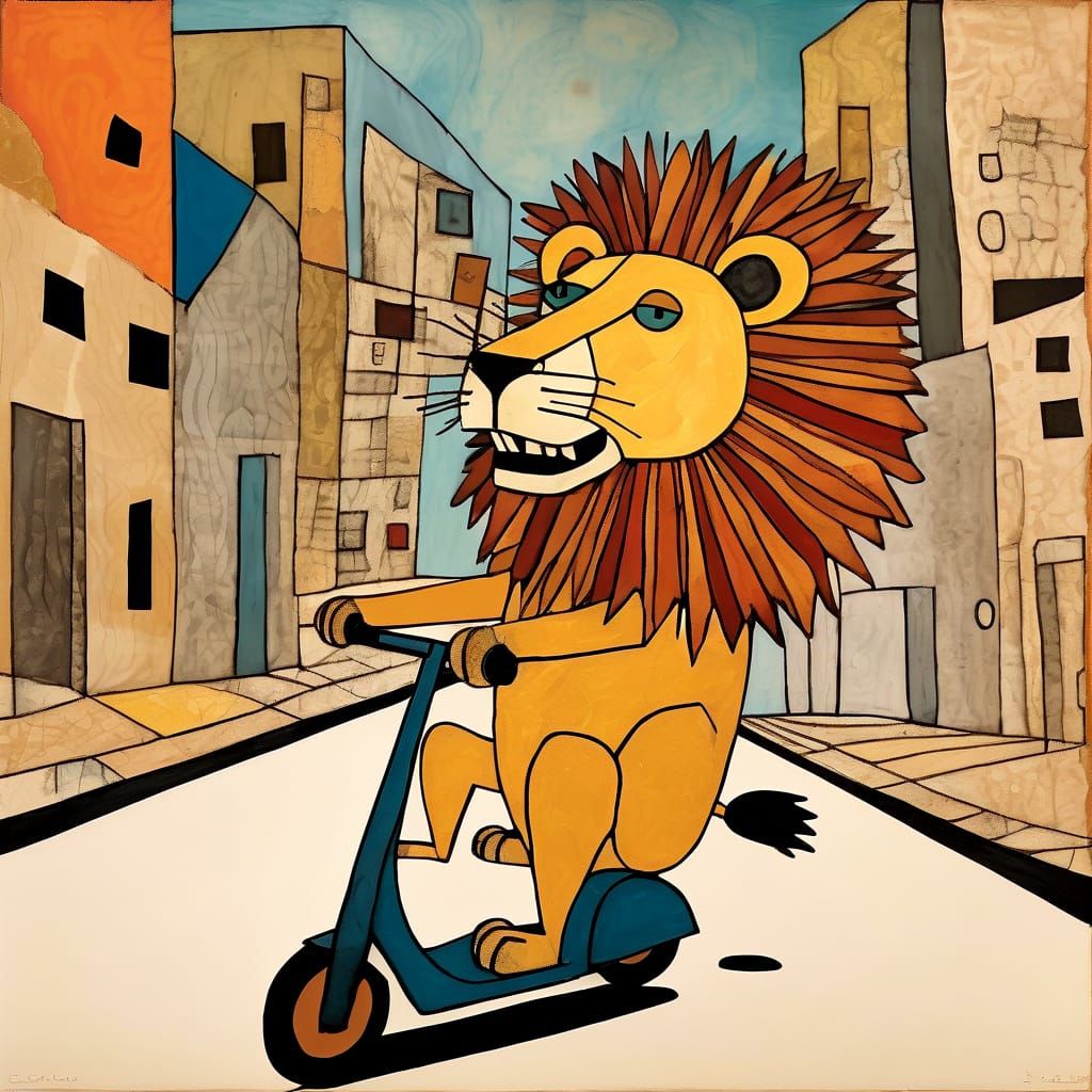 Lion Rides Scooter in Mixed Media Style