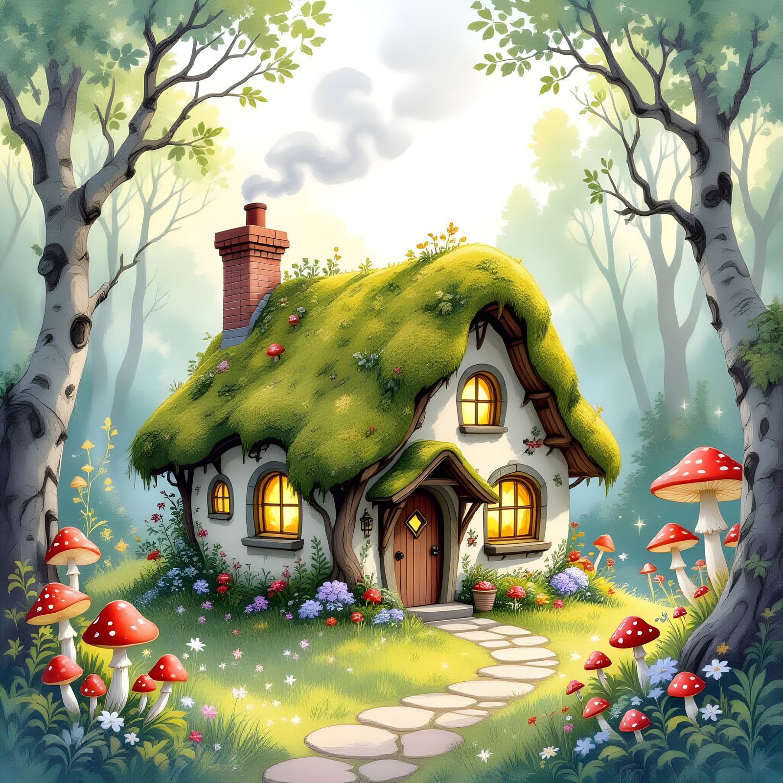 Enchanted Forest Cottage in Watercolor Style