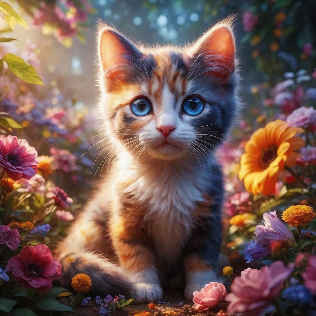 Calico Kitten with Blue Eyes in Hyperrealistic Style