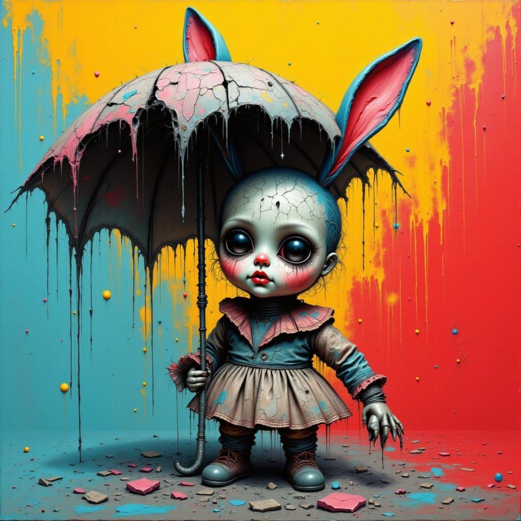 Cyberpunk Doll with Macabre Charm and Mangled Umbrella